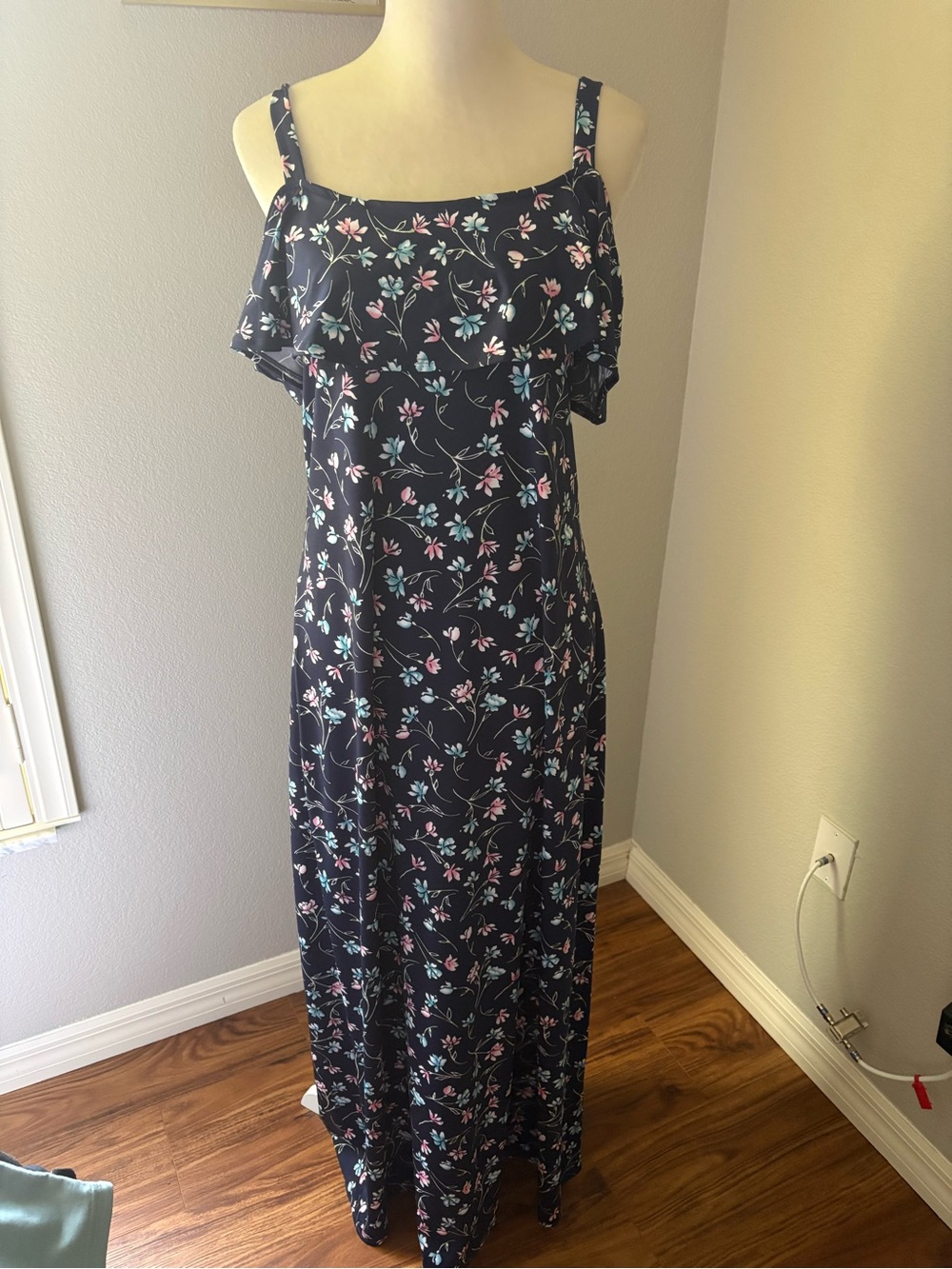 Nina Leonard Navy Floral Maxi Dress with Ruffle